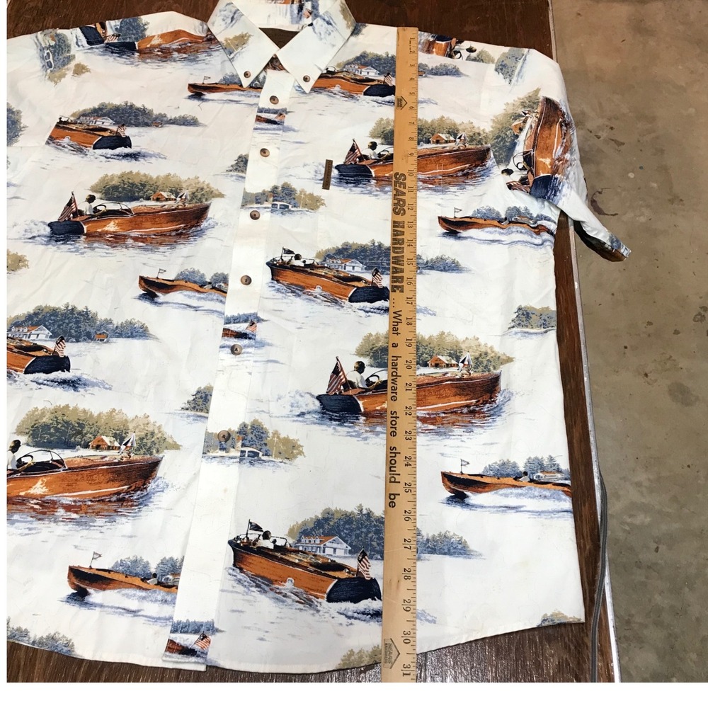Clearwater Outfitters Mens XL White Wooden Boat Print Short Sleeve Button Down - Picture 4 of 12